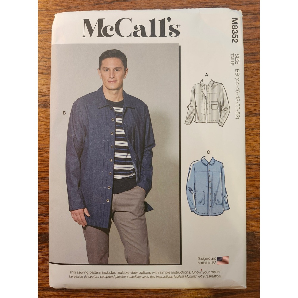 McCalls M8352 Mens Jacket Sewing Pattern Size BB 44-52 Chore Coat Utility DIY